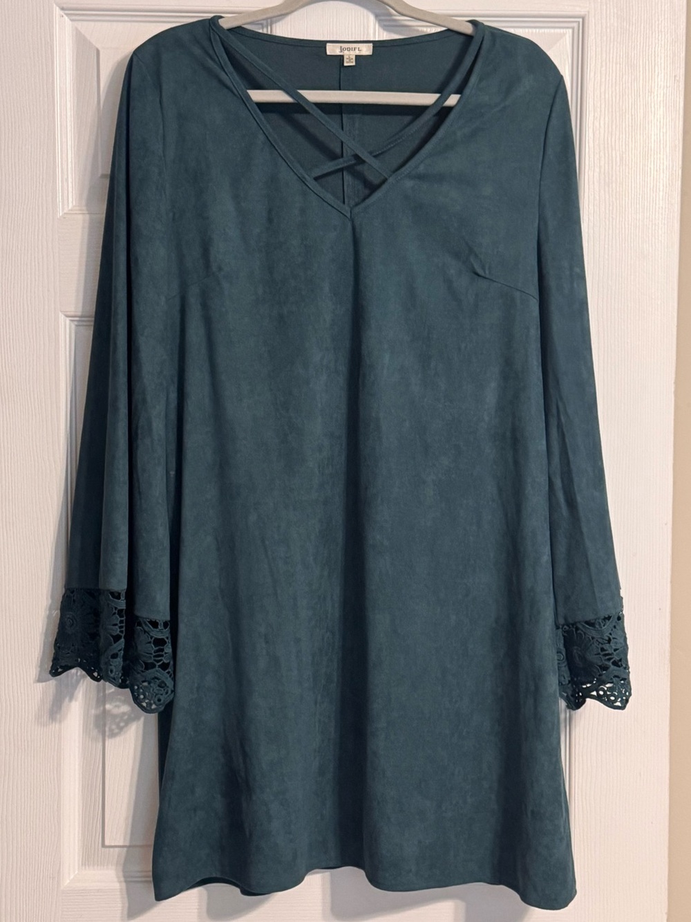 Jodifl Dark Green Faux Suede Lace Bell Sleeve Strappy Neck Boho Holiday Dress L